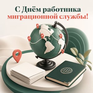 Открытка на День работника миграционной службы с глобусом и документами