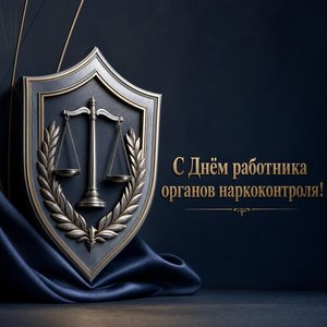 Открытка на День работника органов наркоконтроля с металлическим щитом и весами