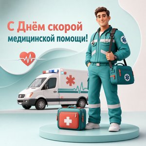 Открытка на День работника скорой медицинской помощи с фельдшером и аптечкой