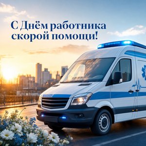 Открытка на День работника скорой медицинской помощи с машиной скорой на рассвете