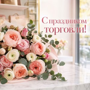 Открытка на День работника торговли с букетом на прилавке