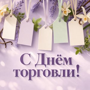 Открытка на День работника торговли с ценниками на лентах