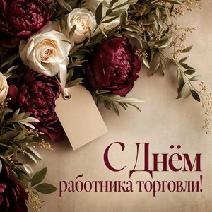Открытка на День работника торговли с цветочной гирляндой и ценником