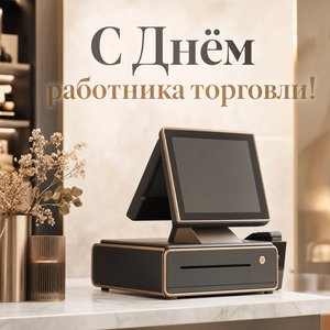 Открытка на День работника торговли с кассовым аппаратом