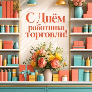 Открытка на День работника торговли с полкой товаров