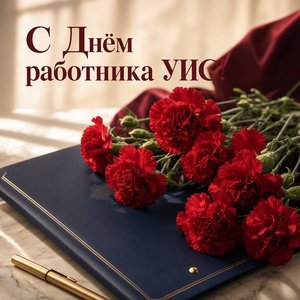 Открытка на День работника уголовно-исполнительной системы с красными гвоздиками и папкой