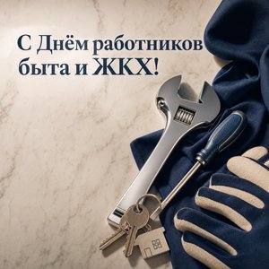 Открытка на День работников бытового обслуживания населения и жилищно-коммунального хозяйства с инструментами и ключами