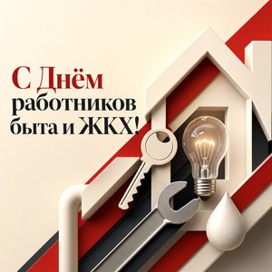 Открытка на День работников бытового обслуживания населения и жилищно-коммунального хозяйства с графичными символами сервиса