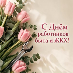 Открытка на День работников бытового обслуживания населения и жилищно-коммунального хозяйства с тюльпанами и гаечным ключом