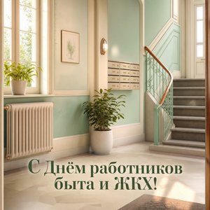 Открытка на День работников бытового обслуживания населения и жилищно-коммунального хозяйства с чистым подъездом