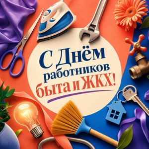 Открытка на День работников бытового обслуживания населения и жилищно-коммунального хозяйства с предметами бытовых услуг