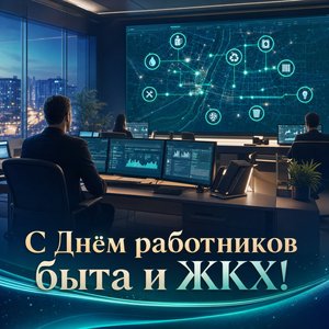 Открытка на День работников бытового обслуживания населения и жилищно-коммунального хозяйства с диспетчерским экраном