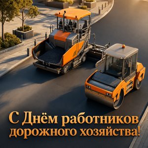 Открытка на День работников дорожного хозяйства с асфальтоукладчиком и катком