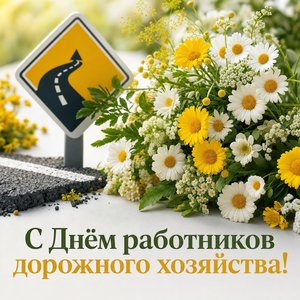 Открытка на День работников дорожного хозяйства с букетом и дорожным знаком