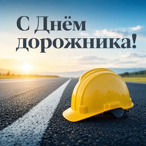 Открытка на День работников дорожного хозяйства с каской на свежем асфальте