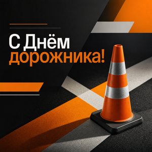 Открытка на День работников дорожного хозяйства с разметкой и дорожным конусом