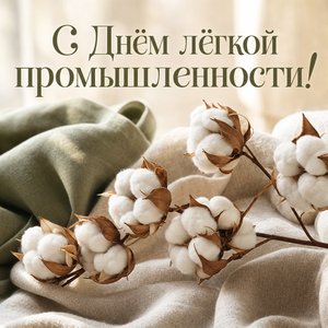 Открытка на День работников лёгкой промышленности с хлопком и льняной тканью