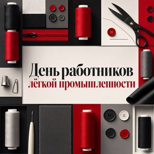 Открытка на День работников лёгкой промышленности с катушками ниток и пуговицами