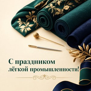 Открытка на День работников лёгкой промышленности с тканями и золотой булавкой
