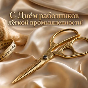 Открытка на День работников лёгкой промышленности с золотыми ножницами и шелком