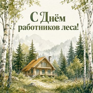 Открытка на День работников леса и лесоперерабатывающей промышленности с домиком лесника