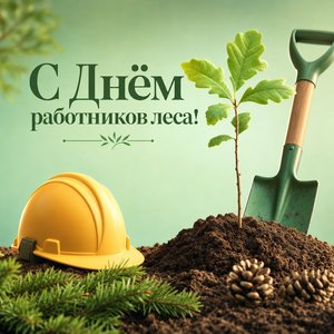 Открытка на День работников леса с саженцем и лопатой