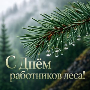 Открытка на День работников леса с сосновой веткой в росе