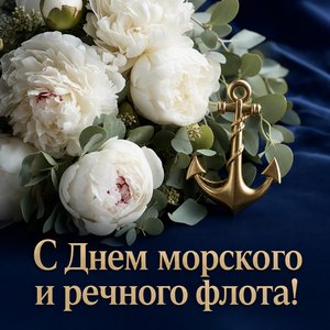 Открытка на День работников морского и речного флота с букетом и якорем