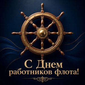 Открытка на День работников морского и речного флота с корабельным штурвалом