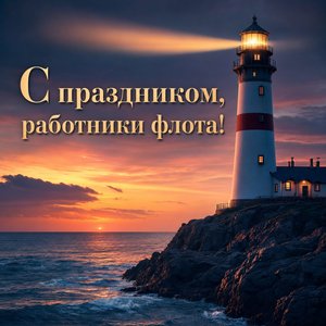 Открытка на День работников морского и речного флота с маяком у моря