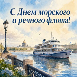 Открытка на День работников морского и речного флота с речным теплоходом