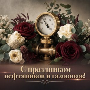 Открытка на День работников нефтяной и газовой промышленности с манометром и цветами