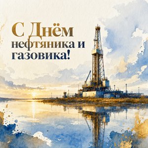 Открытка на День работников нефтяной и газовой промышленности с акварельной буровой вышкой