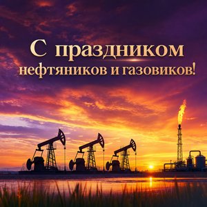 Открытка на День работников нефтяной и газовой промышленности с нефтяными качалками