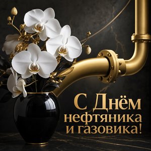 Открытка на День работников нефтяной и газовой промышленности с орхидеями и золотой линией