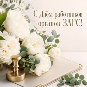 Открытка на День работников органов ЗАГС с белыми пионами и штампом