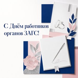 Открытка на День работников органов ЗАГС с документами и кольцами