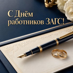 Открытка на День работников органов ЗАГС с перьевой ручкой и свидетельством
