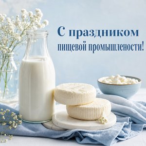 Открытка на День работников пищевой промышленности с молоком и сырами