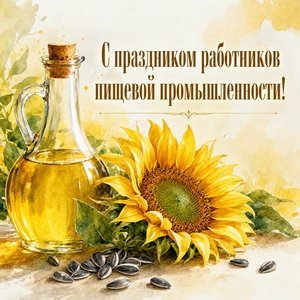 Открытка на День работников пищевой промышленности с подсолнечным маслом