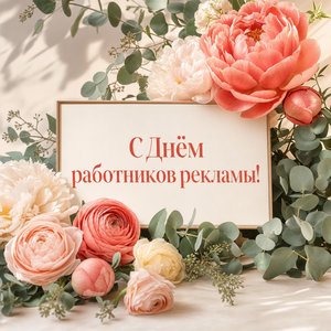 Открытка на День работников рекламы с билбордом и цветами