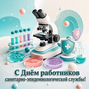 Открытка на День работников санитарно-эпидемиологической службы с микроскопом и чашками Петри