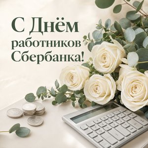 Открытка на День работников Сбербанка России с белыми розами и монетами
