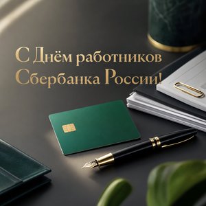 Открытка на День работников Сбербанка России с рабочим столом банкира