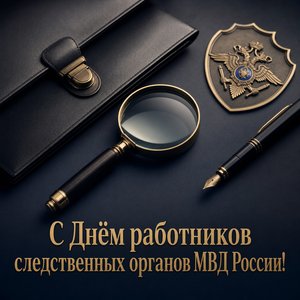 Открытка на День работников следственных органов МВД России с папкой дела и лупой