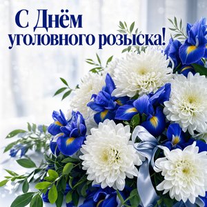 Открытка на День работников уголовного розыска с белыми хризантемами и синими ирисами