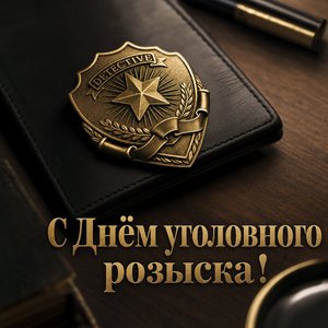 Открытка на День работников уголовного розыска со служебным жетоном