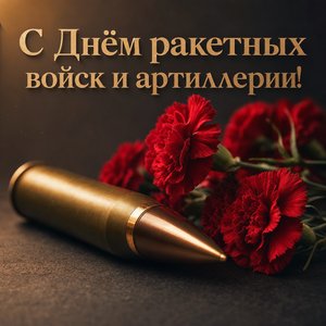 Открытка на День ракетных войск и артиллерии с артиллерийским снарядом и гвоздиками
