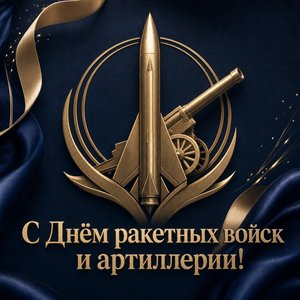 Открытка на День ракетных войск и артиллерии с золотой ракетой и орудием