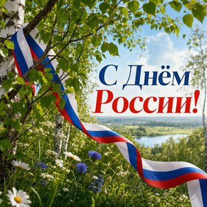Открытка на День России с берёзовой рощей